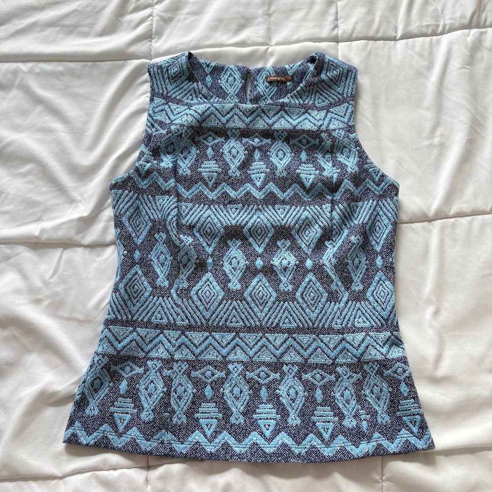 J.McLaughlin Blue Geometric Ikat Jacquard Sleeveless Knit Top Small Luxury